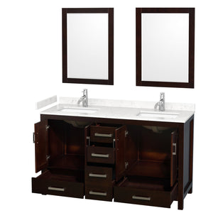 Wyndham Collection WCS141460DESC2UNSM24 Sheffield 60 Inch Double Bathroom Vanity in Espresso, Carrara Cultured Marble Countertop, Undermount Square Sinks, 24 Inch Mirrors