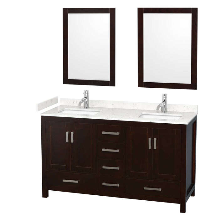 Wyndham Collection WCS141460DESC2UNSM24 Sheffield 60 Inch Double Bathroom Vanity in Espresso, Carrara Cultured Marble Countertop, Undermount Square Sinks, 24 Inch Mirrors