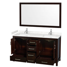 Load image into Gallery viewer, Wyndham Collection WCS141460DESC2UNSM58 Sheffield 60 Inch Double Bathroom Vanity in Espresso, Carrara Cultured Marble Countertop, Undermount Square Sinks, 58 Inch Mirror