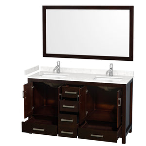Wyndham Collection WCS141460DESC2UNSM58 Sheffield 60 Inch Double Bathroom Vanity in Espresso, Carrara Cultured Marble Countertop, Undermount Square Sinks, 58 Inch Mirror
