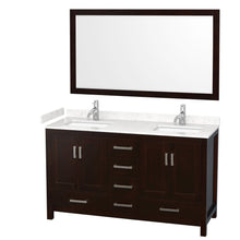 Load image into Gallery viewer, Wyndham Collection WCS141460DESC2UNSM58 Sheffield 60 Inch Double Bathroom Vanity in Espresso, Carrara Cultured Marble Countertop, Undermount Square Sinks, 58 Inch Mirror
