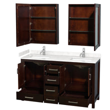 Load image into Gallery viewer, Wyndham Collection WCS141460DESC2UNSMED Sheffield 60 Inch Double Bathroom Vanity in Espresso, Carrara Cultured Marble Countertop, Undermount Square Sinks, Medicine Cabinets
