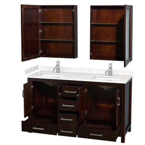 Wyndham Collection WCS141460DESC2UNSMED Sheffield 60 Inch Double Bathroom Vanity in Espresso, Carrara Cultured Marble Countertop, Undermount Square Sinks, Medicine Cabinets