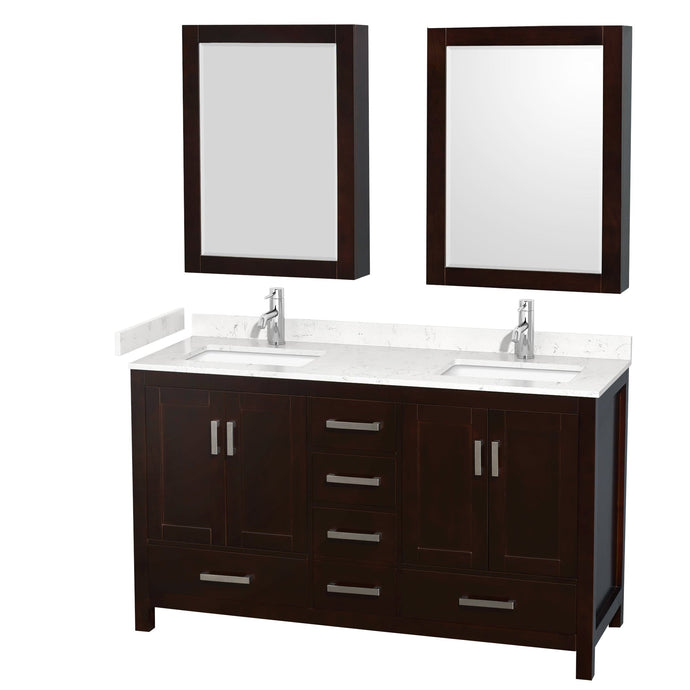 Wyndham Collection WCS141460DESC2UNSMED Sheffield 60 Inch Double Bathroom Vanity in Espresso, Carrara Cultured Marble Countertop, Undermount Square Sinks, Medicine Cabinets