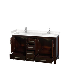 Load image into Gallery viewer, Wyndham Collection WCS141460DESC2UNSMXX Sheffield 60 Inch Double Bathroom Vanity in Espresso, Carrara Cultured Marble Countertop, Undermount Square Sinks, No Mirror