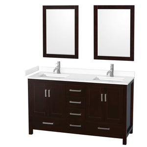 Wyndham Collection WCS141460DESWCUNSM24 Sheffield 60 Inch Double Bathroom Vanity in Espresso, White Cultured Marble Countertop, Undermount Square Sinks, 24 Inch Mirrors