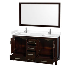 Load image into Gallery viewer, Wyndham Collection WCS141460DESWCUNSM58 Sheffield 60 Inch Double Bathroom Vanity in Espresso, White Cultured Marble Countertop, Undermount Square Sinks, 58 Inch Mirror