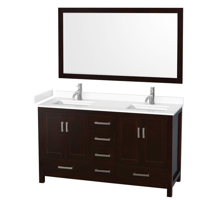 Wyndham Collection WCS141460DESWCUNSM58 Sheffield 60 Inch Double Bathroom Vanity in Espresso, White Cultured Marble Countertop, Undermount Square Sinks, 58 Inch Mirror