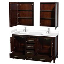 Load image into Gallery viewer, Wyndham Collection WCS141460DESWCUNSMED Sheffield 60 Inch Double Bathroom Vanity in Espresso, White Cultured Marble Countertop, Undermount Square Sinks, Medicine Cabinets