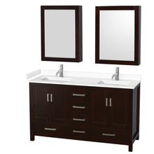 Load image into Gallery viewer, Wyndham Collection WCS141460DESWCUNSMED Sheffield 60 Inch Double Bathroom Vanity in Espresso, White Cultured Marble Countertop, Undermount Square Sinks, Medicine Cabinets