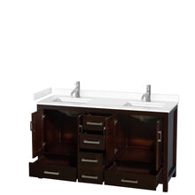 Load image into Gallery viewer, Wyndham Collection WCS141460DESWCUNSMXX Sheffield 60 Inch Double Bathroom Vanity in Espresso, White Cultured Marble Countertop, Undermount Square Sinks, No Mirror