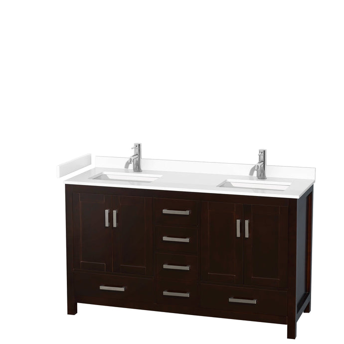 Wyndham Collection WCS141460DESWCUNSMXX Sheffield 60 Inch Double Bathroom Vanity in Espresso, White Cultured Marble Countertop, Undermount Square Sinks, No Mirror