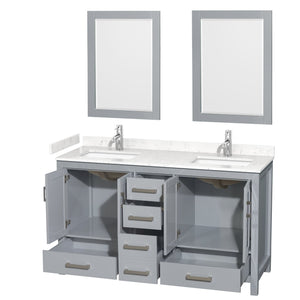 Wyndham Collection WCS141460DGYC2UNSM24 Sheffield 60 Inch Double Bathroom Vanity in Gray, Carrara Cultured Marble Countertop, Undermount Square Sinks, 24 Inch Mirrors