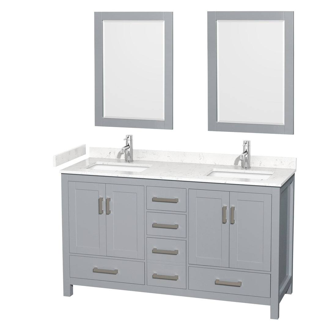 Wyndham Collection WCS141460DGYC2UNSM24 Sheffield 60 Inch Double Bathroom Vanity in Gray, Carrara Cultured Marble Countertop, Undermount Square Sinks, 24 Inch Mirrors