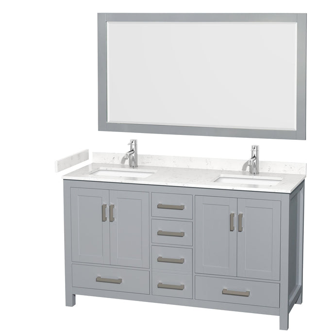 Wyndham Collection WCS141460DGYC2UNSM58 Sheffield 60 Inch Double Bathroom Vanity in Gray, Carrara Cultured Marble Countertop, Undermount Square Sinks, 58 Inch Mirror