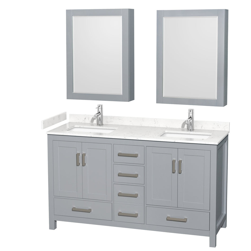 Wyndham Collection WCS141460DGYC2UNSMED Sheffield 60 Inch Double Bathroom Vanity in Gray, Carrara Cultured Marble Countertop, Undermount Square Sinks, Medicine Cabinets