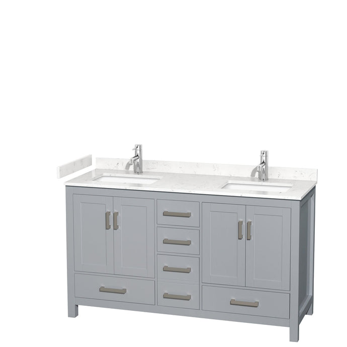 Wyndham Collection WCS141460DGYC2UNSMXX Sheffield 60 Inch Double Bathroom Vanity in Gray, Carrara Cultured Marble Countertop, Undermount Square Sinks, No Mirror
