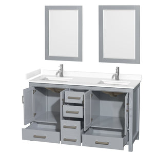 Wyndham Collection WCS141460DGYWCUNSM24 Sheffield 60 Inch Double Bathroom Vanity in Gray, White Cultured Marble Countertop, Undermount Square Sinks, 24 Inch Mirrors