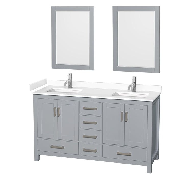Wyndham Collection WCS141460DGYWCUNSM24 Sheffield 60 Inch Double Bathroom Vanity in Gray, White Cultured Marble Countertop, Undermount Square Sinks, 24 Inch Mirrors