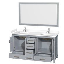 Load image into Gallery viewer, Wyndham Collection WCS141460DGYWCUNSM58 Sheffield 60 Inch Double Bathroom Vanity in Gray, White Cultured Marble Countertop, Undermount Square Sinks, 58 Inch Mirror