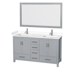 Load image into Gallery viewer, Wyndham Collection WCS141460DGYWCUNSM58 Sheffield 60 Inch Double Bathroom Vanity in Gray, White Cultured Marble Countertop, Undermount Square Sinks, 58 Inch Mirror