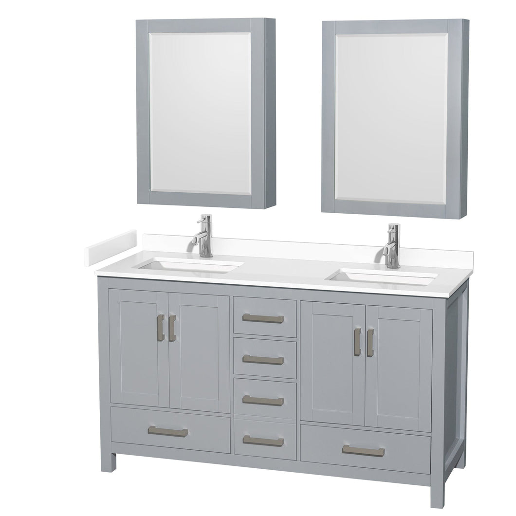 Wyndham Collection WCS141460DGYWCUNSMED Sheffield 60 Inch Double Bathroom Vanity in Gray, White Cultured Marble Countertop, Undermount Square Sinks, Medicine Cabinets