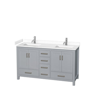 Wyndham Collection WCS141460DGYWCUNSMXX Sheffield 60 Inch Double Bathroom Vanity in Gray, White Cultured Marble Countertop, Undermount Square Sinks, No Mirror