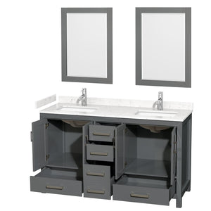 Wyndham Collection WCS141460DKGC2UNSM24 Sheffield 60 Inch Double Bathroom Vanity in Dark Gray, Carrara Cultured Marble Countertop, Undermount Square Sinks, 24 Inch Mirrors