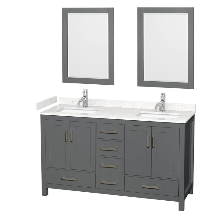 Wyndham Collection WCS141460DKGC2UNSM24 Sheffield 60 Inch Double Bathroom Vanity in Dark Gray, Carrara Cultured Marble Countertop, Undermount Square Sinks, 24 Inch Mirrors