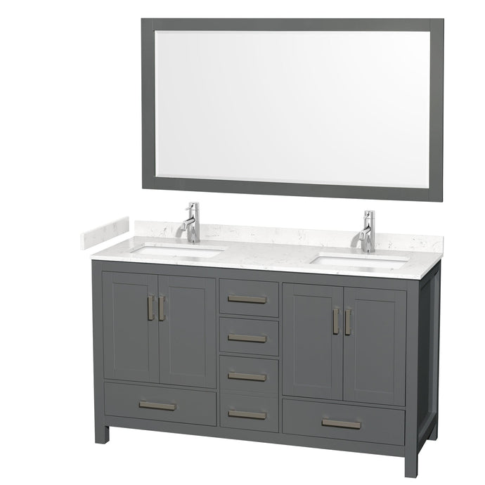 Wyndham Collection WCS141460DKGC2UNSM58 Sheffield 60 Inch Double Bathroom Vanity in Dark Gray, Carrara Cultured Marble Countertop, Undermount Square Sinks, 58 Inch Mirror