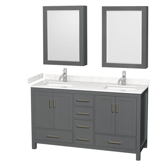 Wyndham Collection WCS141460DKGC2UNSMED Sheffield 60 Inch Double Bathroom Vanity in Dark Gray, Carrara Cultured Marble Countertop, Undermount Square Sinks, Medicine Cabinets