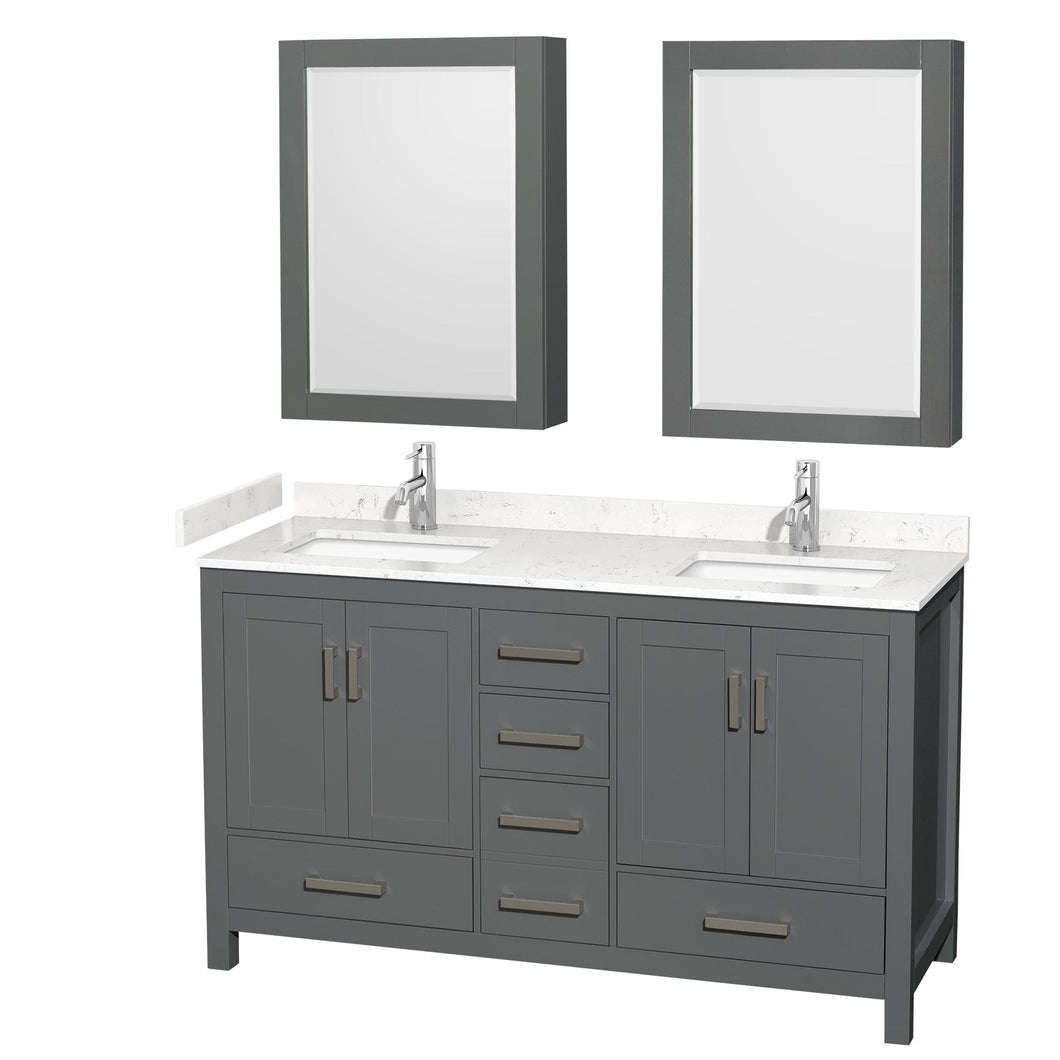Wyndham Collection WCS141460DKGC2UNSMED Sheffield 60 Inch Double Bathroom Vanity in Dark Gray, Carrara Cultured Marble Countertop, Undermount Square Sinks, Medicine Cabinets