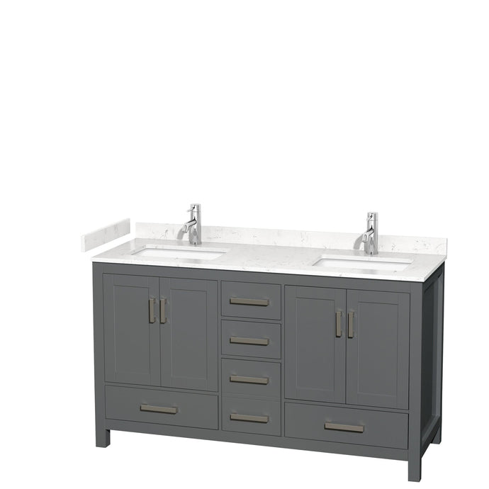 Wyndham Collection WCS141460DKGC2UNSMXX Sheffield 60 Inch Double Bathroom Vanity in Dark Gray, Carrara Cultured Marble Countertop, Undermount Square Sinks, No Mirror