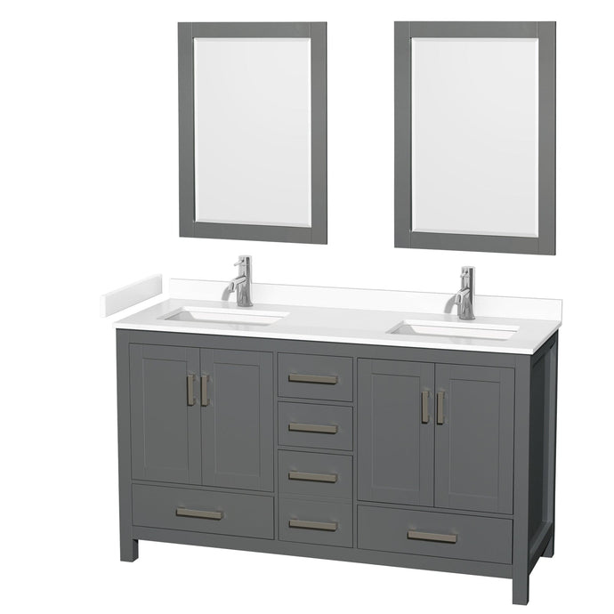 Wyndham Collection WCS141460DKGWCUNSM24 Sheffield 60 Inch Double Bathroom Vanity in Dark Gray, White Cultured Marble Countertop, Undermount Square Sinks, 24 Inch Mirrors