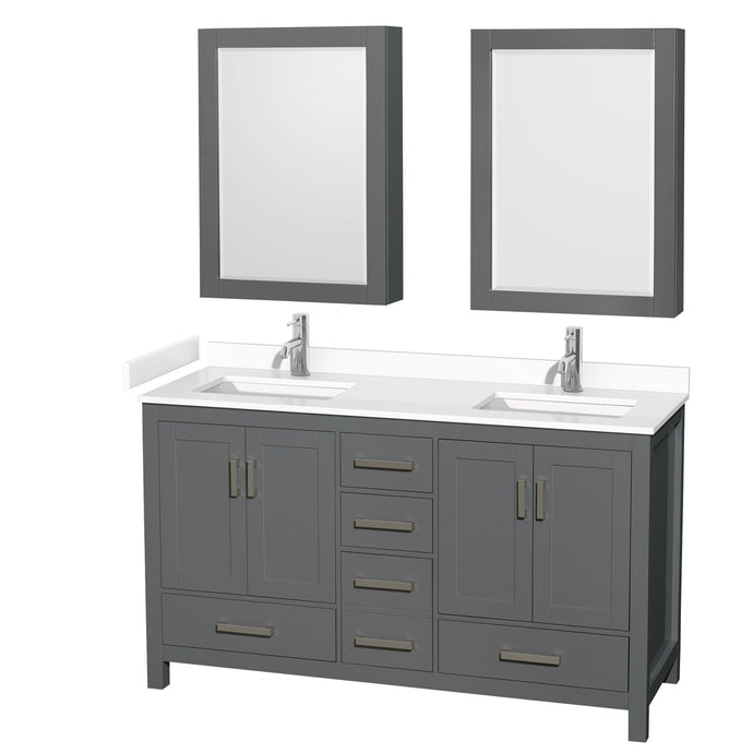 Wyndham Collection WCS141460DKGWCUNSMED Sheffield 60 Inch Double Bathroom Vanity in Dark Gray, White Cultured Marble Countertop, Undermount Square Sinks, Medicine Cabinets
