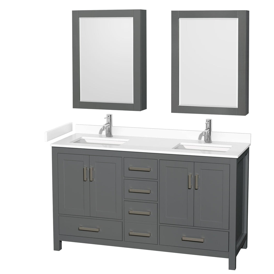 Wyndham Collection WCS141460DKGWCUNSMED Sheffield 60 Inch Double Bathroom Vanity in Dark Gray, White Cultured Marble Countertop, Undermount Square Sinks, Medicine Cabinets