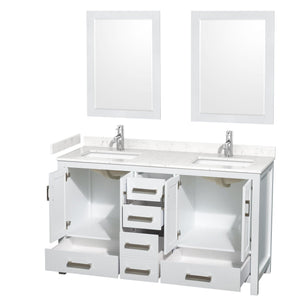 Wyndham Collection WCS141460DWHC2UNSM24 Sheffield 60 Inch Double Bathroom Vanity in White, Carrara Cultured Marble Countertop, Undermount Square Sinks, 24 Inch Mirrors