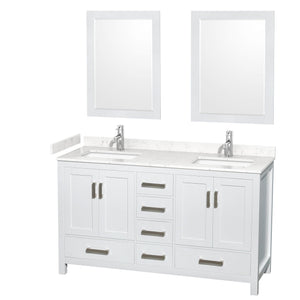 Wyndham Collection WCS141460DWHC2UNSM24 Sheffield 60 Inch Double Bathroom Vanity in White, Carrara Cultured Marble Countertop, Undermount Square Sinks, 24 Inch Mirrors