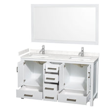 Load image into Gallery viewer, Wyndham Collection WCS141460DWHC2UNSM58 Sheffield 60 Inch Double Bathroom Vanity in White, Carrara Cultured Marble Countertop, Undermount Square Sinks, 58 Inch Mirror