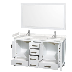 Wyndham Collection WCS141460DWHC2UNSM58 Sheffield 60 Inch Double Bathroom Vanity in White, Carrara Cultured Marble Countertop, Undermount Square Sinks, 58 Inch Mirror