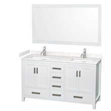 Load image into Gallery viewer, Wyndham Collection WCS141460DWHC2UNSM58 Sheffield 60 Inch Double Bathroom Vanity in White, Carrara Cultured Marble Countertop, Undermount Square Sinks, 58 Inch Mirror