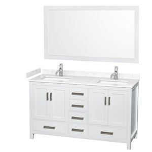 Wyndham Collection WCS141460DWHC2UNSM58 Sheffield 60 Inch Double Bathroom Vanity in White, Carrara Cultured Marble Countertop, Undermount Square Sinks, 58 Inch Mirror