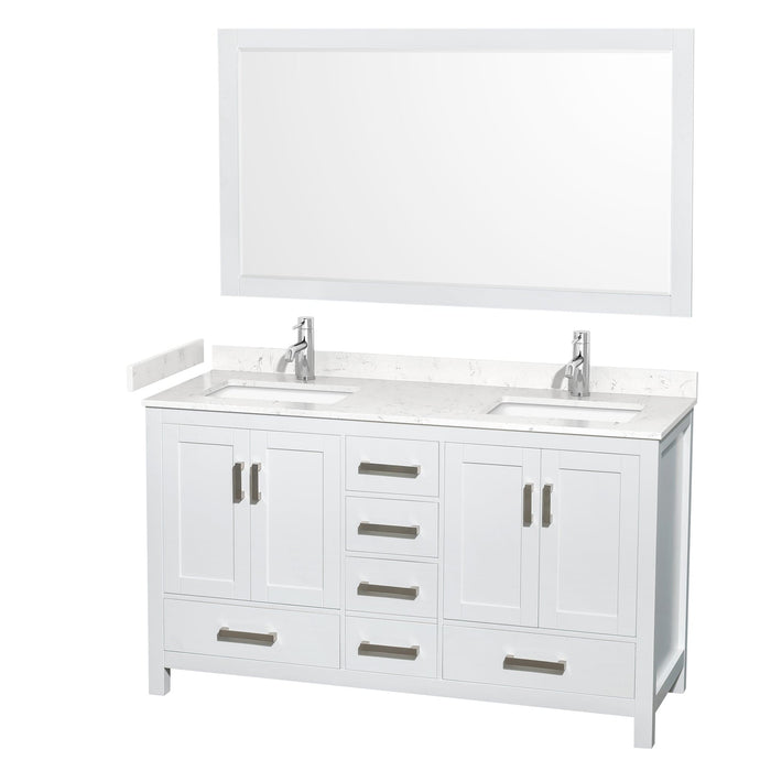 Wyndham Collection WCS141460DWHC2UNSM58 Sheffield 60 Inch Double Bathroom Vanity in White, Carrara Cultured Marble Countertop, Undermount Square Sinks, 58 Inch Mirror