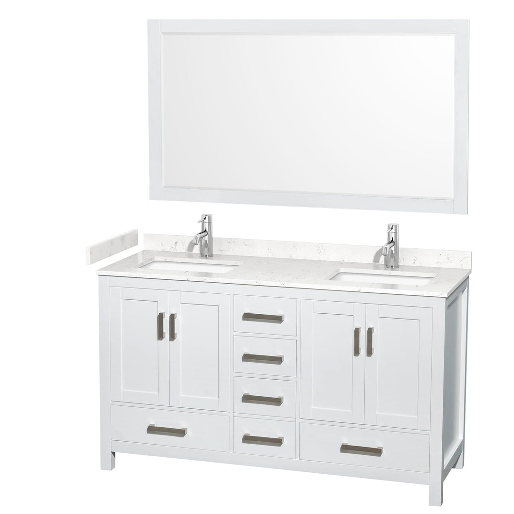 Wyndham Collection WCS141460DWHC2UNSM58 Sheffield 60 Inch Double Bathroom Vanity in White, Carrara Cultured Marble Countertop, Undermount Square Sinks, 58 Inch Mirror