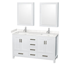 Load image into Gallery viewer, Wyndham Collection WCS141460DWHC2UNSMED Sheffield 60 Inch Double Bathroom Vanity in White, Carrara Cultured Marble Countertop, Undermount Square Sinks, Medicine Cabinets