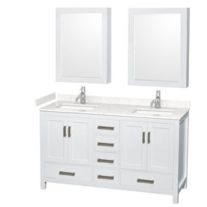 Wyndham Collection WCS141460DWHC2UNSMED Sheffield 60 Inch Double Bathroom Vanity in White, Carrara Cultured Marble Countertop, Undermount Square Sinks, Medicine Cabinets