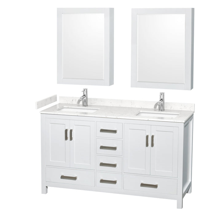 Wyndham Collection WCS141460DWHC2UNSMED Sheffield 60 Inch Double Bathroom Vanity in White, Carrara Cultured Marble Countertop, Undermount Square Sinks, Medicine Cabinets