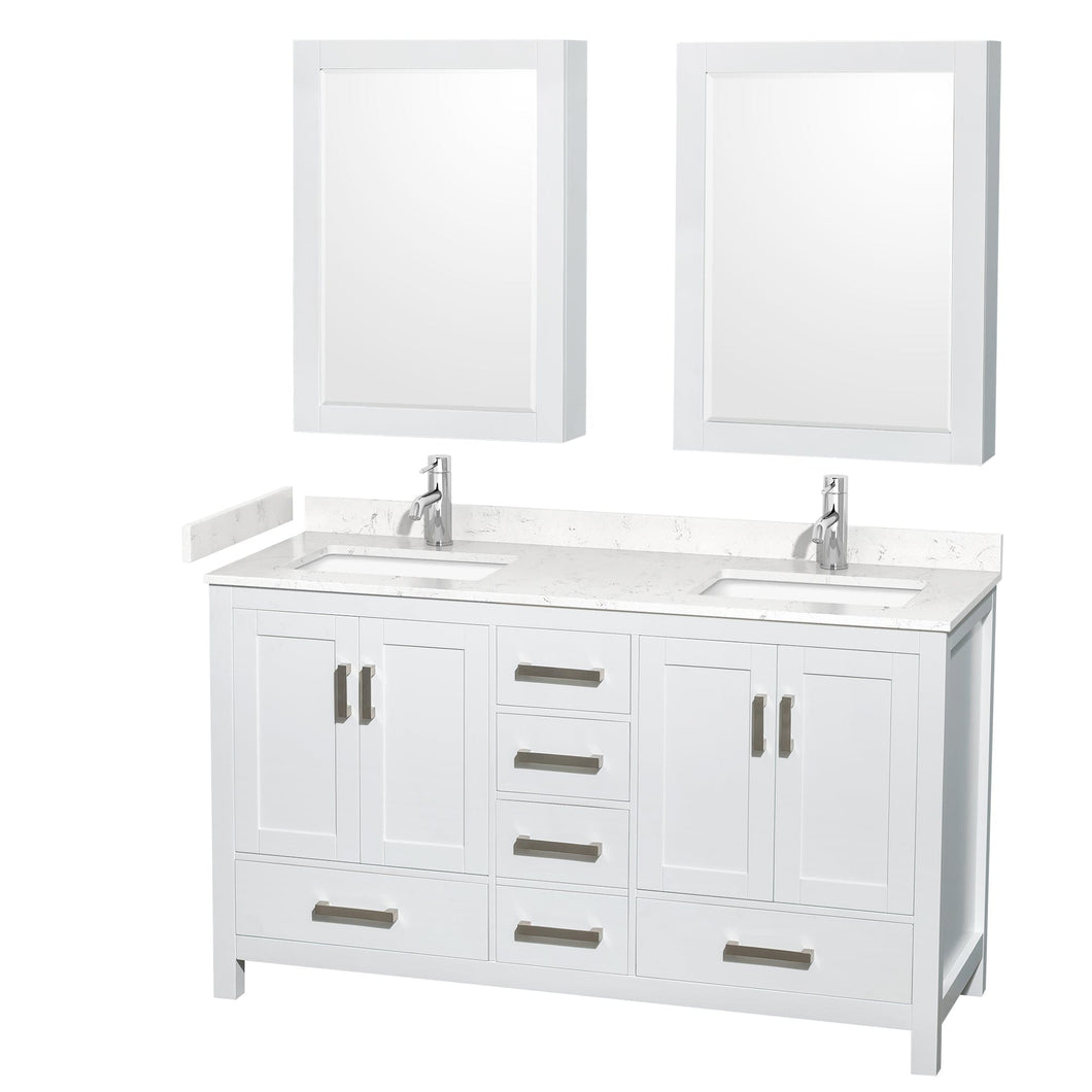 Wyndham Collection WCS141460DWHC2UNSMED Sheffield 60 Inch Double Bathroom Vanity in White, Carrara Cultured Marble Countertop, Undermount Square Sinks, Medicine Cabinets