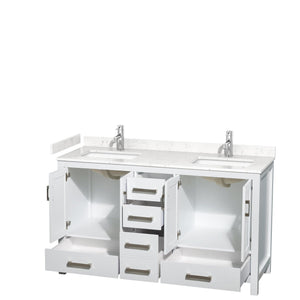 Wyndham Collection WCS141460DWHC2UNSMXX Sheffield 60 Inch Double Bathroom Vanity in White, Carrara Cultured Marble Countertop, Undermount Square Sinks, No Mirror