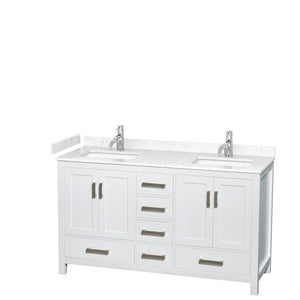 Wyndham Collection WCS141460DWHC2UNSMXX Sheffield 60 Inch Double Bathroom Vanity in White, Carrara Cultured Marble Countertop, Undermount Square Sinks, No Mirror